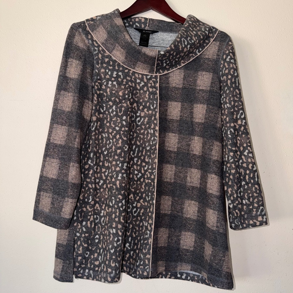 Ali Miles Mixed Media Animal Print Plaid Funnel Neck Button Back Tunic Top S